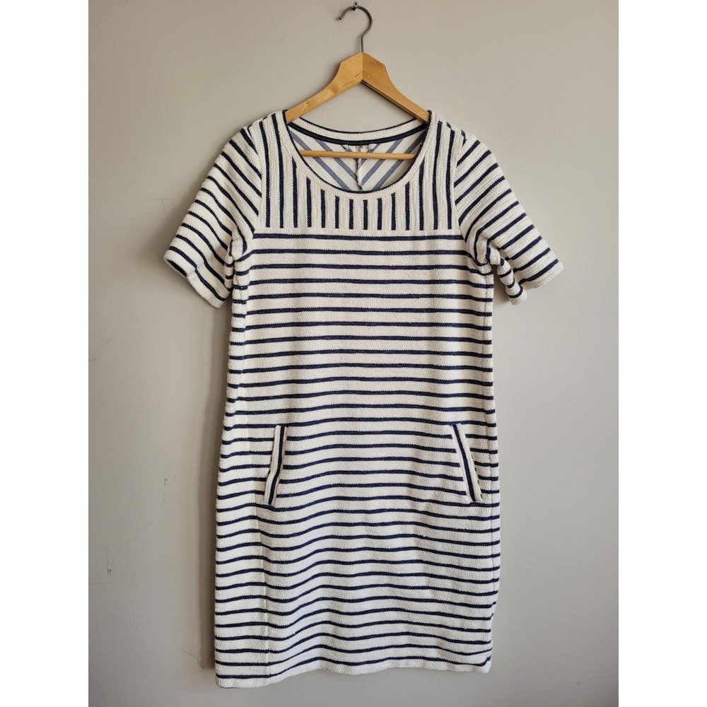 Sandwich Womens Navy Blue White‎ Striped Terry Cloth Shift Dress Pockets Small